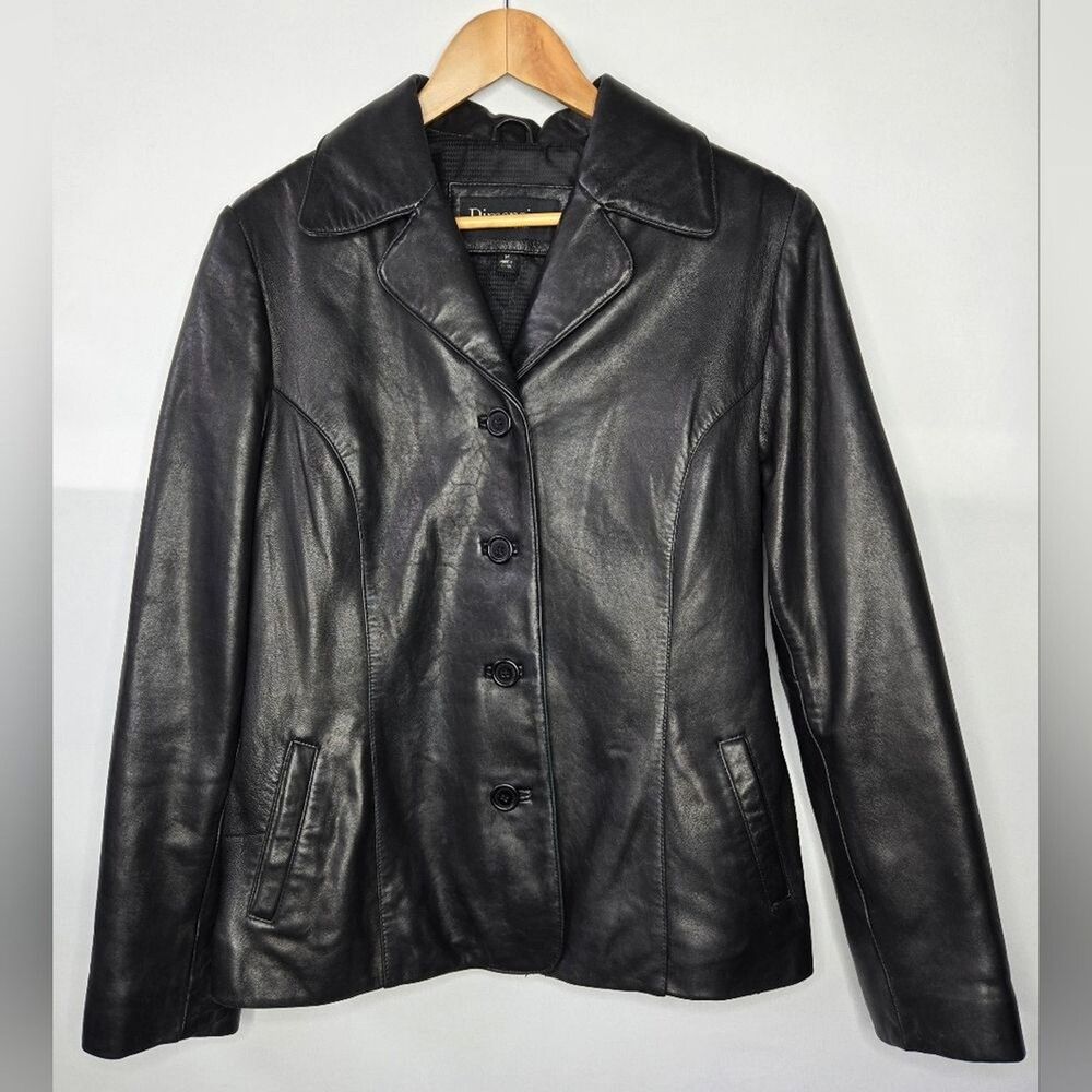 Women's Dimension New York Vintage Black Leather Jacket Button-up Size Medium